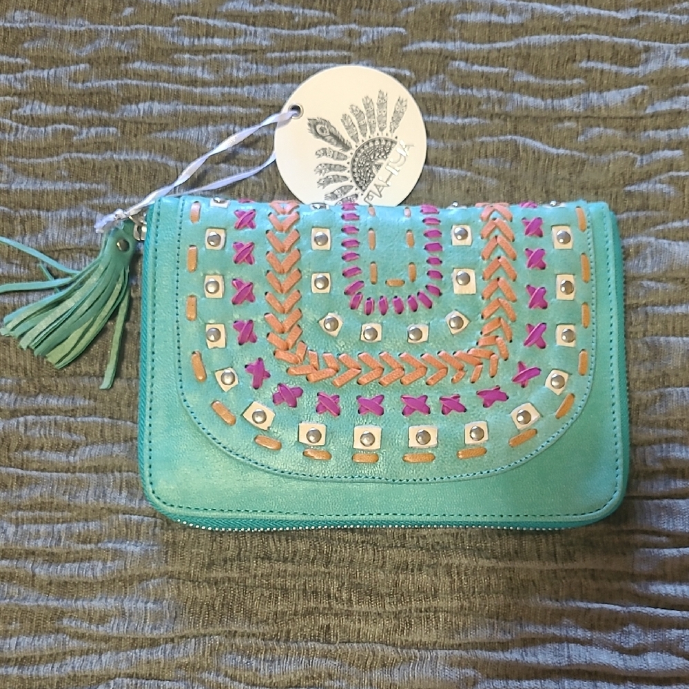 Leather Wallet Teal and Pink Embroidered / Small Clutch